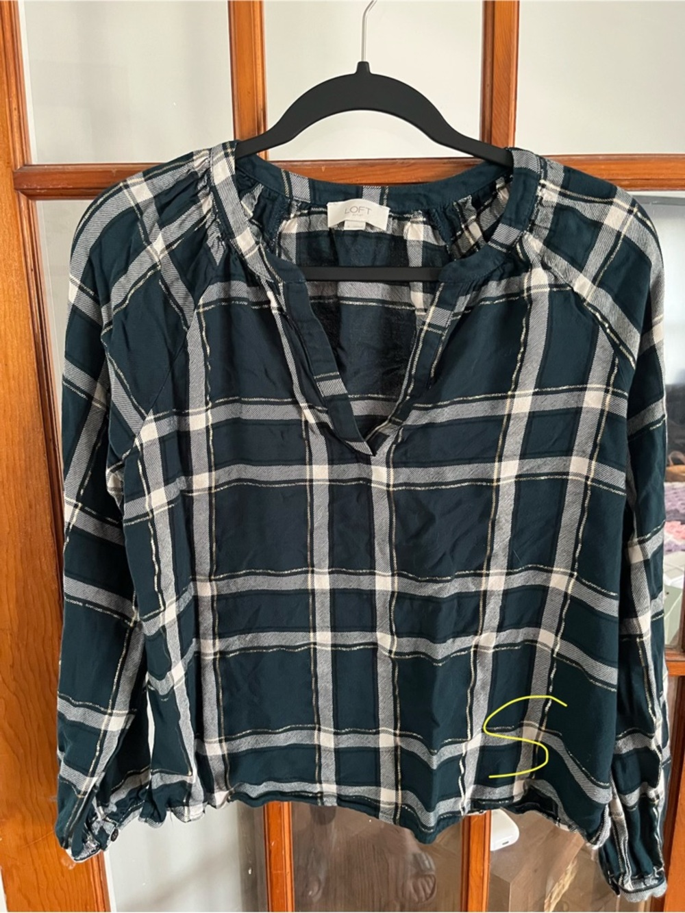 LOFT Hunter Green  and White Plaid V-Neck Tunic